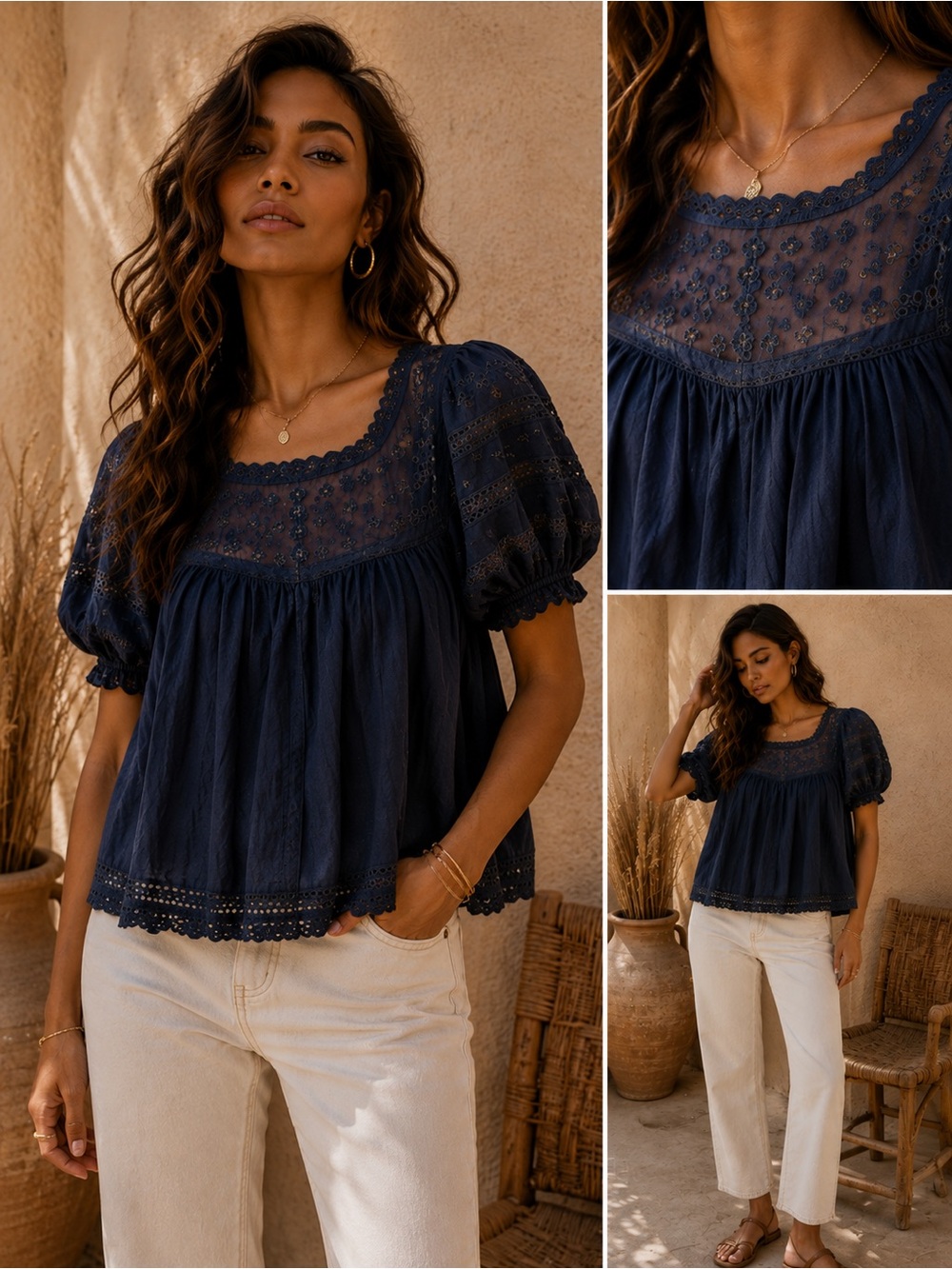 Anthropologie Navy Embroidered Eyelet Lace Mesh Babydoll Blouse Puff Sleeve S - Picture 9 of 9